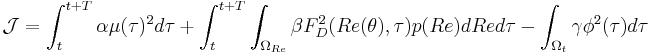 \mathcal{J} = \int_t^{t+T}{\alpha \mu(\tau)^2 d\tau}+  \int_t^{t+T} \int_{\Omega_{Re}}{\beta F_D^2(Re(\theta),\tau) p(Re) dRe d\tau} - \int_{\Omega_t}{\gamma \phi^2(\tau) d\tau}