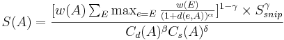S(A) = \frac{[w(A) \sum_{E} \max_{e=E} \frac{w(E)}{(1+d(e, A))^\alpha}]^{1-\gamma} \times S_{snip}^{\gamma}}{C_d(A)^{\beta} C_s(A)^{\delta}}